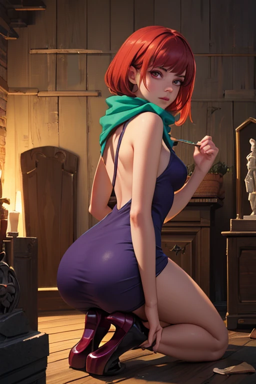 gwendolyn_tennyson, ((short orange hair, glowing green eyes, makeup, narrow waist, skinny, medium breasts)), pelvic curtain, ((black panties, black bra)), full body, perfect body, (insanely detailed, beautiful detailed face, masterpiece, best quality) , (((solo))), (((1girl))), (((mature))), (extremely detailed 8k paper CG wall unit: 1.1), (night, city), (smile face for the viewer), eropose, all fours, from behind