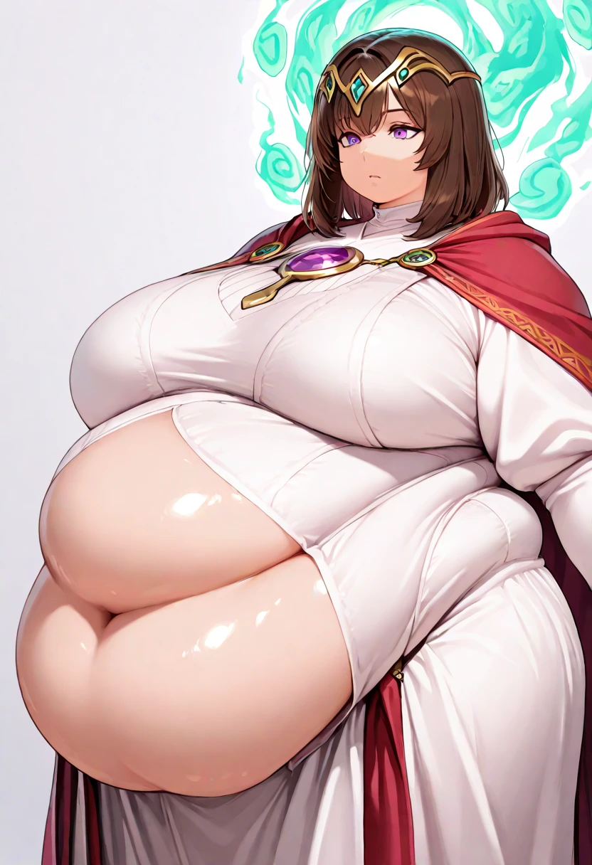 Mulher pregnant com vestido roxo gigante, high qualiy, awardwinning, high resolution, 8K , standing alone, 1woman, from the front, mellow, milf, purple cropped hair, blue colored eyes, long cloak decotado , tall woman, 29-years-old, milf, cuvilinear body, massive huge tits, huge  ass , big-ass, pregnant, cabelo roxo, long cloak, hinterland, dress covers the legs, seducing gaze
