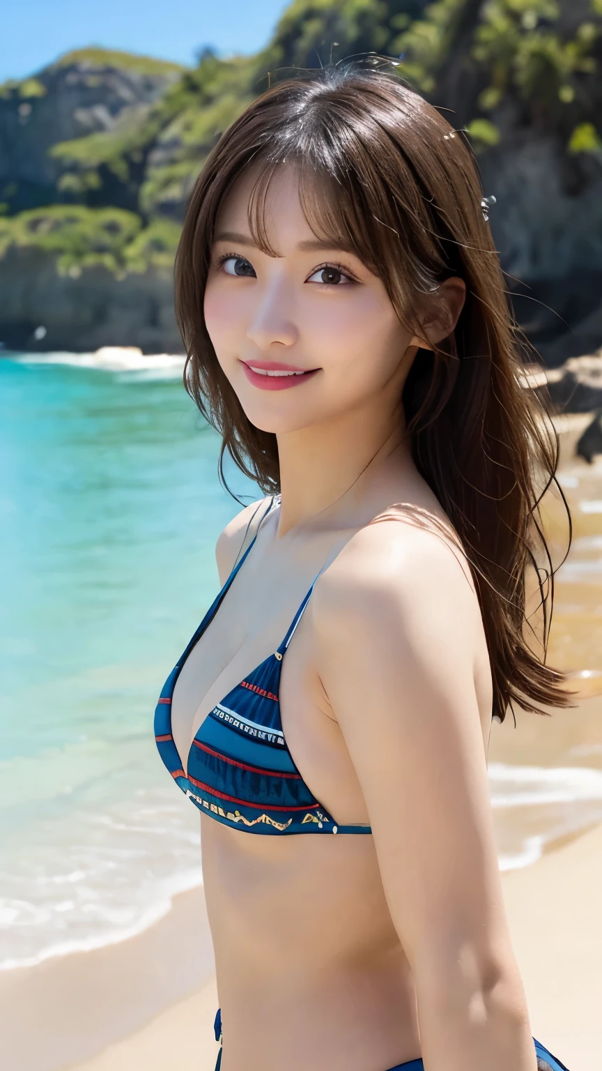 (Realistic: 1.4), (highest quality: 1.4), Ultra-high resolution, (fine grain),Full Body Shot,((Pose for gravure photography)),One Young Woman,(Big Breasts),Black wavy hair,((Cute patterned tiny bikini)),Big eyes,Blushed,((smile)),Highly detailed face and skin texture, Healthy Skin,(Beach),8k resolution