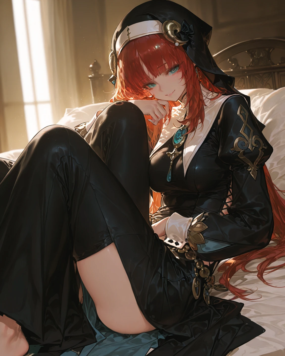 (red-crimson hair) elf ears, freckles, Adult woman, sculpted body, Super detailed hand, super detailed face, Hyper detailed body, (emerald green eyes), Big breasts, concentrated eyes, Quite detailed eyes, pale skin, Flushed face, (( in a long black Chinese dress)), Body hair longo, Body hair (connected), serious expression, Frowning eyes, partes do full body, Whole limbs, ((full body)), Gorgeous fur, A high resolution, 4K, Thin waist, small foot, role model, best quality specialist, (long black sock), good lighting, simple background, darkness background