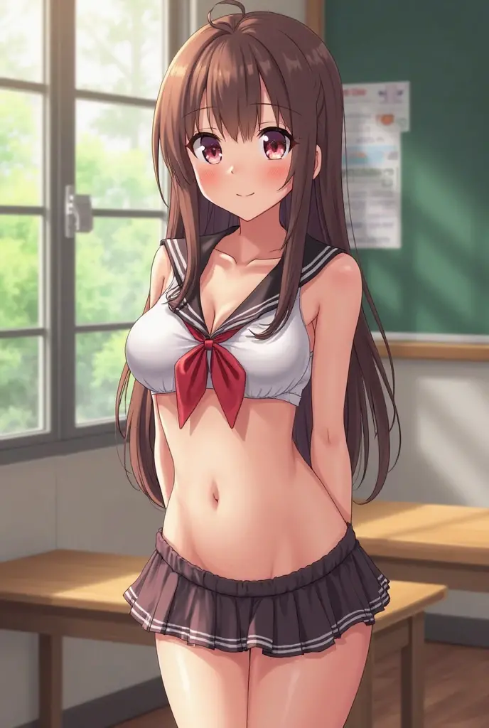 highest quality, masterpiece, High resolution, 1 girl, (Murasame Change two Fleet Collection:1.15), long hair, Light brown hair, brown eyes, red eyes, ribbon, smile, black sailor uniform, pleated skirt, black beret, classroom background, big breasts, slender body, Full body figure, skirt lift, (panties), (bra), squat, (flashy underwear), ((pink underwear))