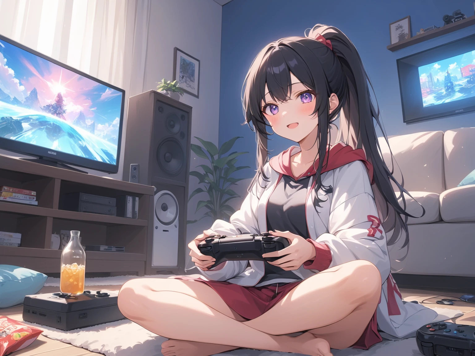 realistic anime illustration of adorable young woman in long hair, she is sitting while playing video game, holding game video joypad, game console, (1girl, solo, full body), (masterpiece, best quality, japanese anime style), (expressive eyes, perfect face, perfect body), (no watermark)