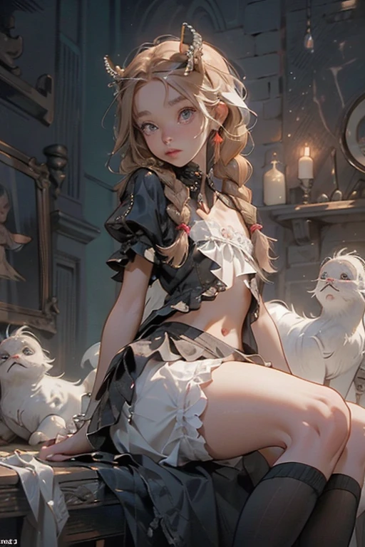  ((best quality)), ((masterpiece)), (detailed), 1girl, off-shoulder, little tribal,(((little ,small))),(round face),(little chest),(big forhead:1.2),(beautiful big eyes:1.3),extremely detailed cute anime face, (((flat chest))),((((long twin braids,tight braids,long braid,braided hair,long hime cut,colored inner hair)))),intricate eyes,beautiful detailed eyes,symmetrical eyes,((((lustrous skin:1.5,bright skin: 1.5,shiny skin,very shiny skin,shiny body,Reflective skin)))),(((detailed face))),beautiful detailed lips,(nsfw)), highres,(best quality),(ultra detailed,extremely detailed),perfect face details, ((masterpiece:1.4, best quality))+, (ultra detailed)+, long twintails, (white thighhighs), cute girl, (flat :1.3), small  (flat :1.3), NSFW，Fine details, , small , prominent collarbones, skinny arms, flat stomach, visible hip bones, long hair, ponytail, thick ponytail, heavy ponytail, red and white clothing, Bloodborne inspired, occult aesthetic, occult, detailed and intricate steampunk and detailed gothic,  Fluttering lace frilly petticoats, pleated petticoats, very skinny, detailed, best quality, no accesoires around the neck, no shoes, prominent collarbones, skinny arms, flat stomach, visible hip bones, red and white clothing, Bloodborne inspired, occult aesthetic, occult, detailed and intricate steampunk and detailed gothic, , Very dramatic and cinematic lighting, cosmic horror, grim-dark, side-lighting, perfect face, , Fluttering lace flared long knee length dress with frilly petticoats, knee length dress, pleated petticoats, petticoats gothic, complex lace boots, side-lighting, gothic lolita aesthetic
small , a fairy, various different types of insect wings, 
