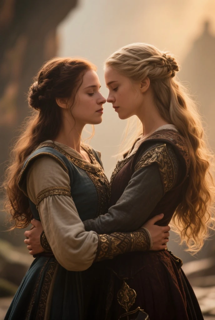 (a beautiful blond woman in shining armor) [warrior] passionately kisses [another beautiful woman] [lesbian]. They are sitting on a majestic throne in a medieval setting, representing the Middle Ages. The scene is filled with romance and strength. The armor on the women exudes power and resilience. The lighting is dramatic, with soft warm hues illuminating the scene, creating a sense of intimacy. The artwork should have the highest quality, with a resolution of 4k or 8k, capturing every intricate detail. The style should be a combination of portraits and historical fantasy, showcasing the beauty and allure of the warrior women. The colors should be vibrant and rich, enhancing the overall impact of the image.