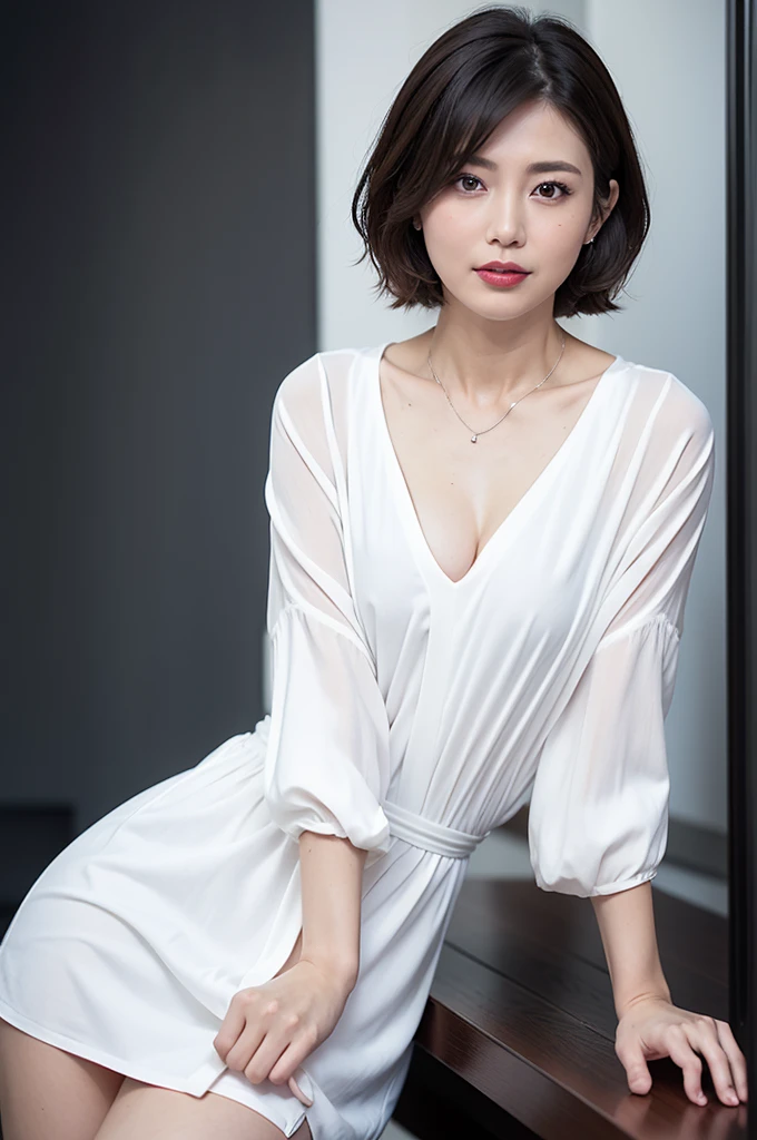 ((highest quality, 8K, masterpiece:1.3)), concentrate:1.2, perfect body beauty:1.4, buttocks:1.2, ((layered haircut, chest:1.2)), (wet clothes:1.1) , (rain, street:1.3), white long dress: 1.1, Highly detailed face and skin texture, fine eyes, double eyelid, Whitening skin,smile、beauty of japan、perfect face、perfect body line、smile、stand up straight、Professional fashion model
