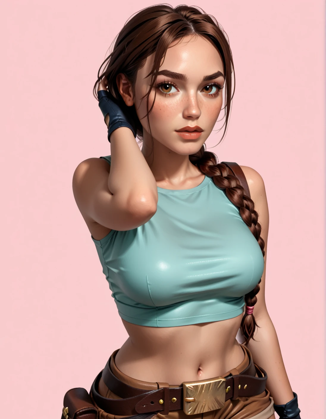 4K, 40 years old woman, skinny, squatting spread legs, full body view, perfect legs, hightights, beautiful expresive face, short tank top, little perky tits, shorts, earings, tattoo, bepiercing,