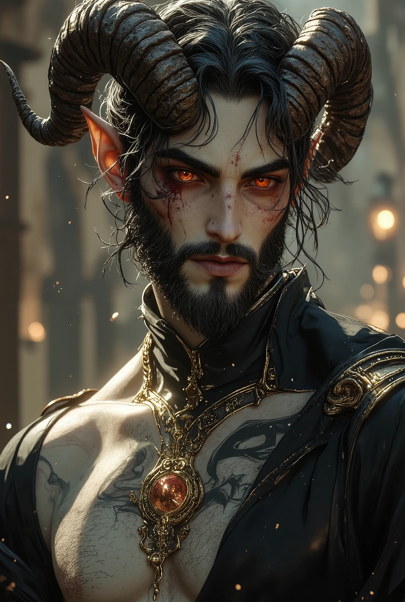 one man, a descendant of the infamous Krampus living in the wilds of Yularia. He towers over everybody and everything at 8’3 with a toned build. He has messy shaggy black hair and blood red eyes, a stark contrast to the pale color of his skin. He has large, dark curled horns and pointed ears, along with a long tongue, pointed teeth, and retractable claws. He has coarse, dark body hair, from his jawline, his chest, and down his v-line. He has various dark, runic tattoos etched across his chest, arms, and hands