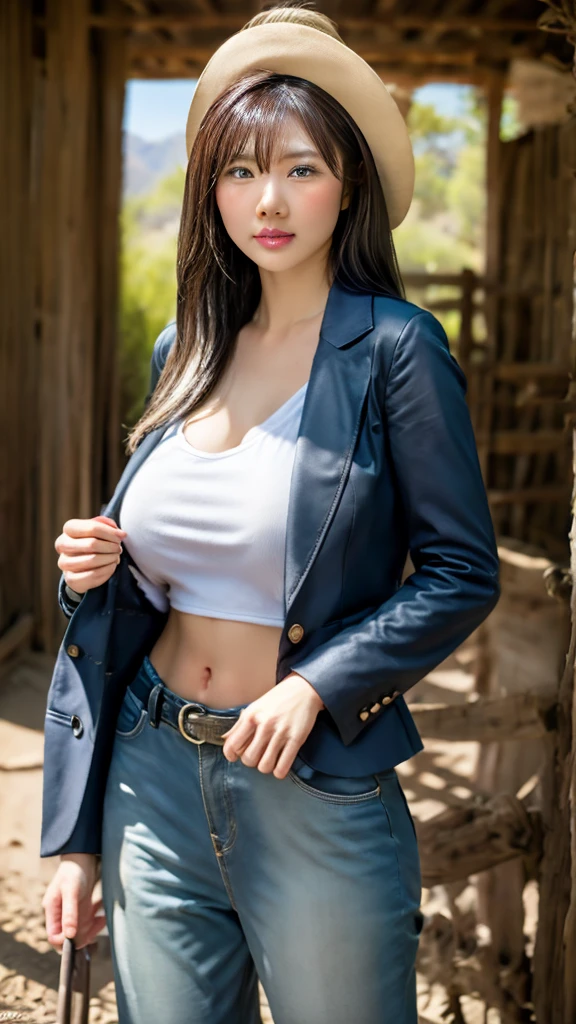 masterpiece, Highest quality, figure, Very detailed, In detail, High resolution, 8k wallpaper, Perfect dynamic composition, Beautiful eyes with attention to detail, slender, Wavy medium hair, Beautiful, firm, medium-sized breasts, (A beautiful face with a pure and mature look), Seductive pose, smile, (Photo taken from a distance, from the front:1.5, Front view:1.5), (Downtown at night), ((Japanese Miniskirt Police, I can see her cleavage))