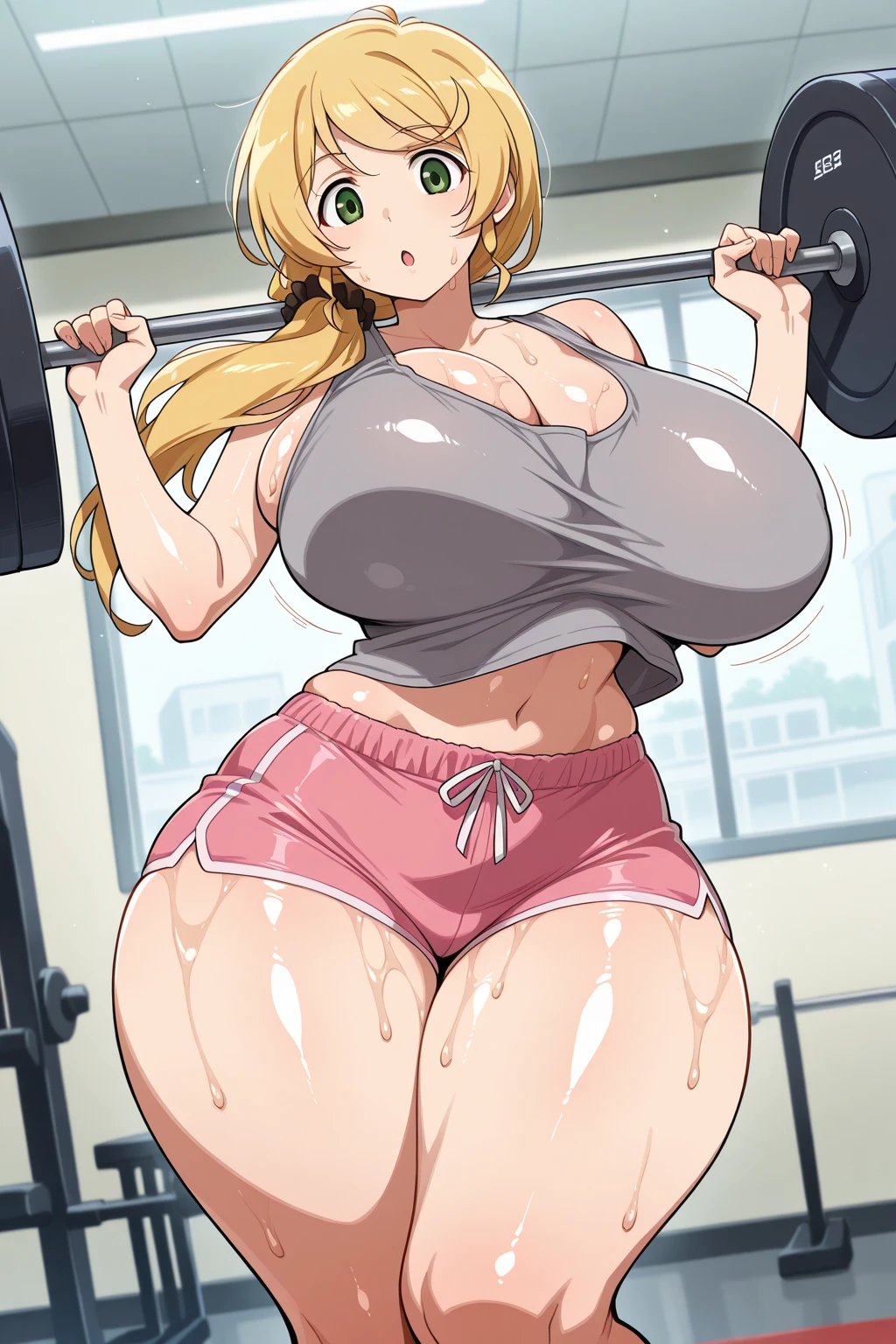 1girl, pov l sex, cirl sex, on t from below, squatting, fingering pu, detailedles, deed pussy, hornyblue eyes, very loir, wavr, golden-blonde hair, bangs, fit woman, fit body, athletic body, massive breasts, gym, masterpiece quality, intricate dek resolution, ultra hd