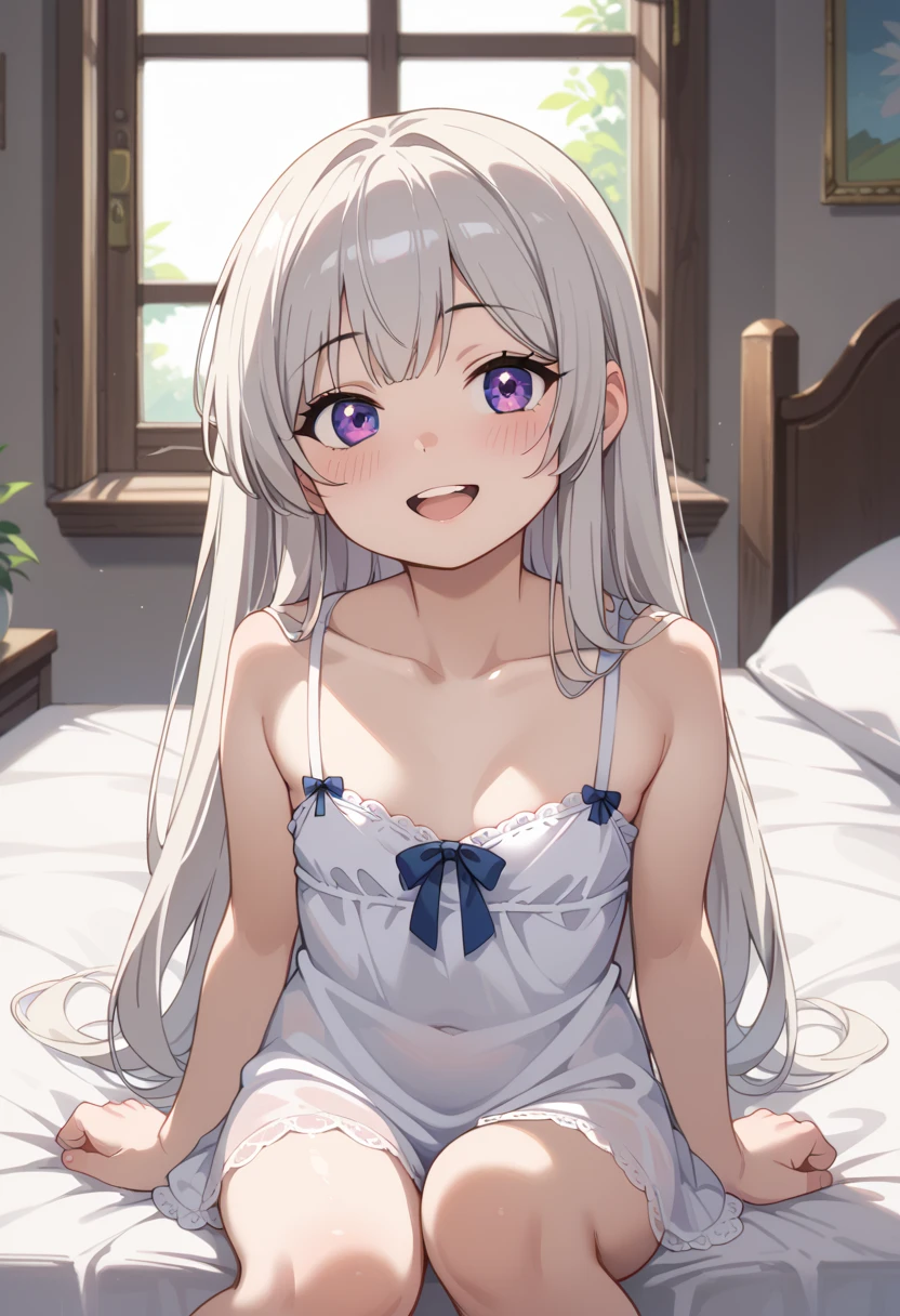 1girl, solo, masterpiece, best quality,
        <lora:emilia-rezero-01:0.6>,
        sweat, re:zero kara hajimeru isekai seikatsu, emilia, emilia (re:zero), purple eyes, grey hair, white hair, long hair, braid, crown braid, blunt bangs, sidelocks, hair ornament, x hair ornament, hair flower, hair ribbon, purple ribbon, pointy ears, elf, gym uniform, gym shirt, white shirt, sleeveless, sleeveless shirt, collarbone, bare arms, cleavage, taut clothes, medium breasts, buruma, bare legs,
        ,
        cowboy shot, lying, looking at viewer, on back, on bed,
        blush, smile, :d, open mouth,
        bed sheet