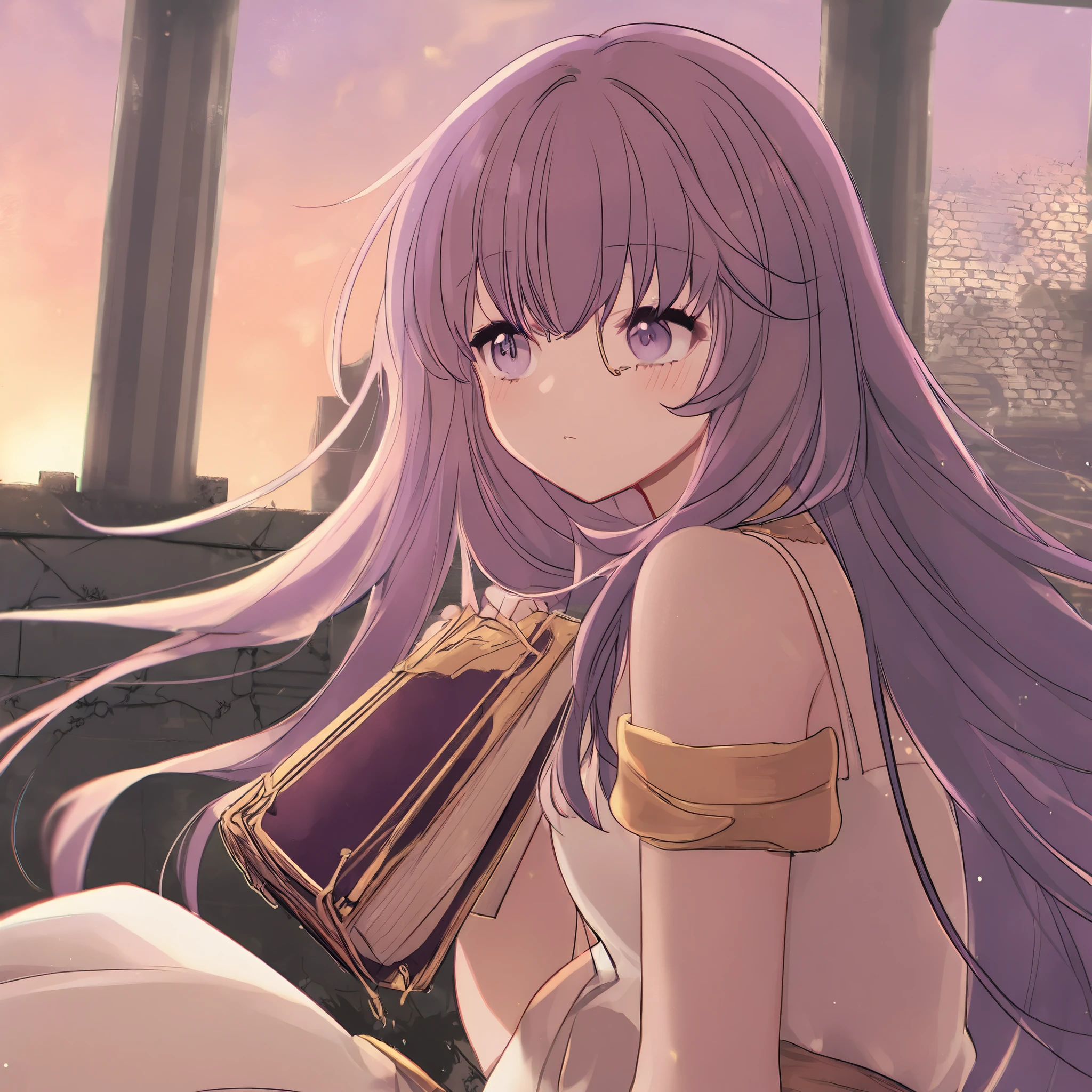 HIGH-resolution. Wallpaper of a cute girl up body, and long purple hair with bangs. Hair bangs. Holding a book. Showing the universe through her eyes. . slightly side view. wearing a white dress. Atens acropolis ruins background ate the sunset.