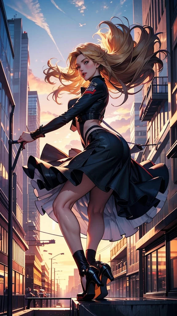 On the battlefield of storms,A woman dressed in a ta outfit uses a weapon with the power of the fire element..(( Lightning danced next to her.)), It reflects the strength of her determination.,Because she embodies the power of nature's power in battle..official art, 8K wallpaper, very detailed, beautiful and aesthetic, beautiful, Masterpiece, best quality,(Focus on the thighs and up.),Clear face,The eyes are detailed.,(wind,hair flying,Flow skirt),