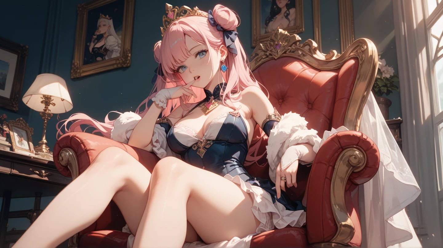 ((Moe anime art style:1.3)), (masterpiece), (((Highest quality))), (((High resolution))), (((unity 8k wallpaper))), (((ultra detailed))), (upper body), (super detailed skin), BREAK (((crawling))), (((on stomach))), (((lying))), (((on the bed))), ((looking down, from front, from below, head tilt)), (((Delicate and beautiful face))), A shy smile, (((A young-faced princess))) , Beautiful Eyes, (Faint lips:1.3), BREAK (((Pink Hair, shiny hair, Fluffy ponytail))), side braid, ((Curly Hair, Expressive hair, very voluminous long hair)), bangs, Pretty jeweled tiara, Crystal Earrings, BREAK ((Delicate lace material)), ((Transparent satin ball gown dress)), (((Rococo Victorian Ball Gown Dress))), (((crinoline))), ((Lavish embroidery)), ((Lace and ribbons used generously)), (((Big Breasts))), ((Emphasized breasts)), Sweat on the chest, BREAK ((princess in a rococo room, pink color frilly bedding)),