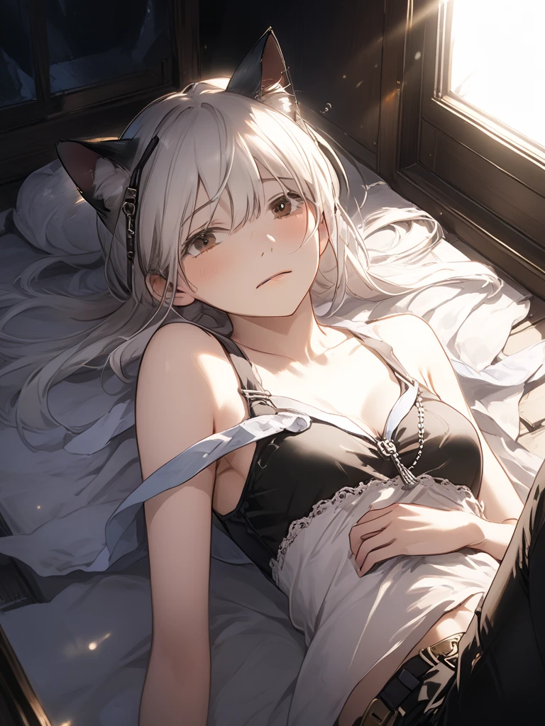 There is a woman with long hair and cat ears on the bed, Attractive cat girl, Anime girl cosplay, beautiful young catgirl, very beautiful cute catgirl, Anime cosplay, cosplay, anime catgirl, White Cat Girl, nekomimi, Cat woman, Anime girl in real life, beautiful anime catgirl, Very beautiful anime cat girl, Cat girl，White color hair，cleavage，Bigboobs，largeeyes，There is light in the eyes