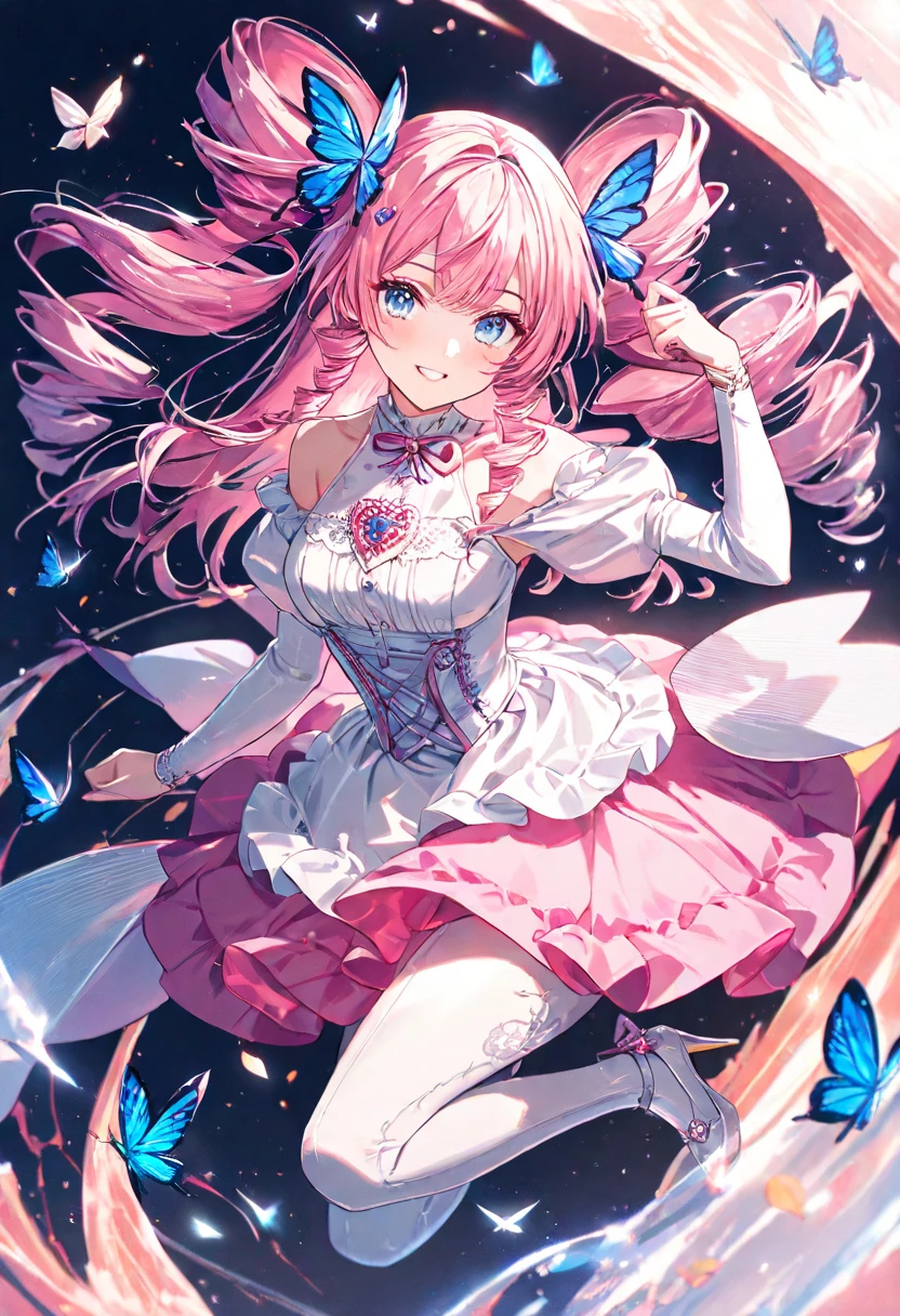 ((Highest quality))、((4K))、((Full Body Shot: 1.5))、((Pink short hair))、Big smile、Slim style、Beautiful long legs、Light blue tight idol costume、((The background is blurred and I can&#39;t see anything))、(down view),Dynamic Angle,Ultra-detailed, illustration, Close-up, straight on, 1girll, (fantasy:1.4), (azureblueeyes:1.233),Her eyes shone like dreamy stars,(Glowing eyes:1.233),(Beautiful and detailed eyes:1.1),(Silver hair:1.14),(Messy hair,Very long hair,french braid,hair between eye,side locks), (+(bule hair flower:1.14)),(Chiffon dress,bule flower pattern in uniform)/=(army suit:1.24),(Detached sleeves,Wide sleeves),(Fingerless gloves),choker necklace,(miko thighhighs),high heels boots,(Expressionless,Closed mouth),(standing), (Classical princess boudoir with dressing table and floor-to-ceiling windows in a white ancient palace),(White flowers,full bloom),(abyssal),(Flowing water),(a dull blue world tree:1.14),(ruins),(Night:1.2),Dreamy,soul,(Fluorescence),(flying translucent blue butterflies:1.15), [[Delicate fingers and hands:0.55]::0.85],(Detail fingers),(yubao:0.5),