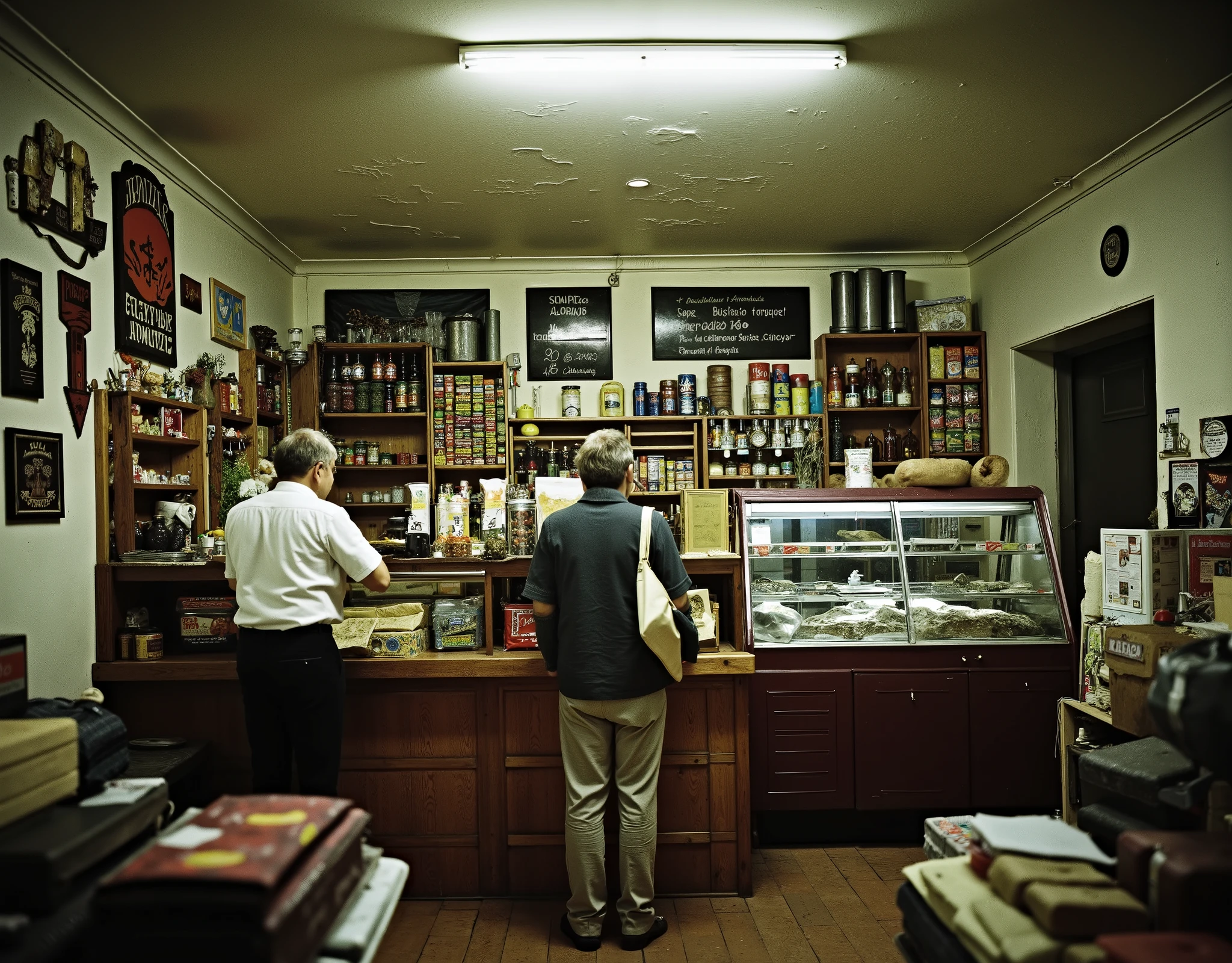 “Interior of a small 1960s Brazilian grocery store, with rustic wooden shelves packed with glass soda bottles, canned goods, and old packaging. A man in a white short-sleeved shirt stands behind a worn wooden counter with a glass display showing vintage pastries and bread. Another man in a cardigan and high-waisted pants stands in front of the counter, holding a cigarette. The scene is lit by a dim, greenish fluorescent light, with walls painted in faded pastel tones. Old Portuguese signs and tin containers decorate the space. Captured in the style of a 1960s analog film photograph, with a soft focus, faded colors, slight blur, light leaks, and visible grain for a nostalgic and time-worn look