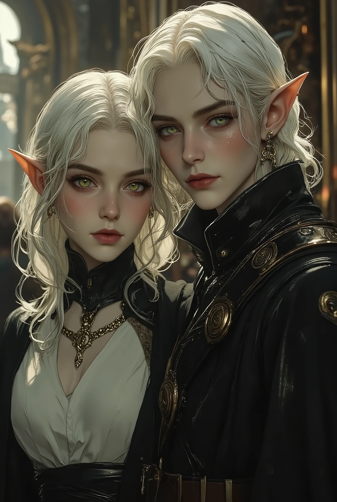 2 characters - elven twins, brother and sister. Both have pointy long ears, bright yellow eyes that allow them to see in the dark, white hair and ash-white skin.
Character 1: male Name: Xenor Shadowwatcher Appearance: 6'6, Earrings in ears, shoulder-length hair. Black leather mercenary clothing. Broad, powerful build. Job: mercenary Personality: Flighty, protective, executive, at times violent.
Character 2: female Name: Irani Shadowwatcher Appearance: 5'8, Thigh-length hair. Small breasts and hips, fragile build. White robes with a black field nurse's apron. Job: field nurse Personality:Cold, judicious, cautious, slightly shy.