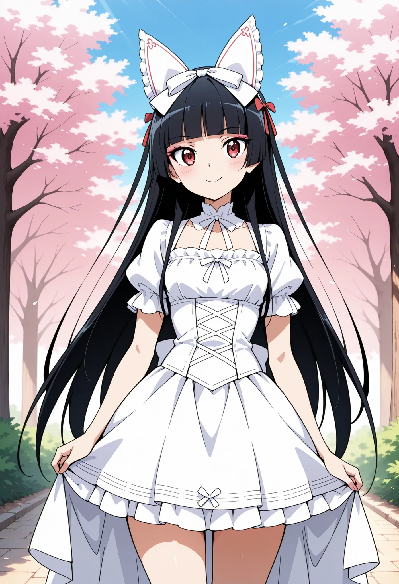 Highest Quality, details, high resolution, 8k, 超high resolution, shot from the front、(anime illustration style:1.2),Standing、1 girl on break day, solo、Rory Mercury、(perfect eye side by side),long hair, black hair, Red Eyes, bungs, blunt bungs, princess cut,makeup、 Slim waist, wide hips, dress (白色dress:1.2), (white gothic ta clothes)、smile, cowboy short、cherry blossoms並木、cherry blossoms