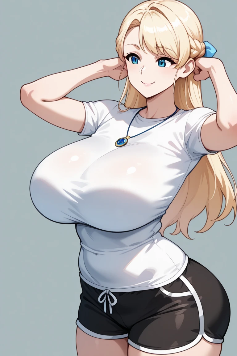 Beautiful girl with yellow hair，French Braid，Carly，Huge ，Large，Very large breasts，Your chest is bigger than your head，Very thick legs，Kneeling pose，White tight short sleeve，Black shorts，barefoot，Soaking wet，Color gas，High Sharpness