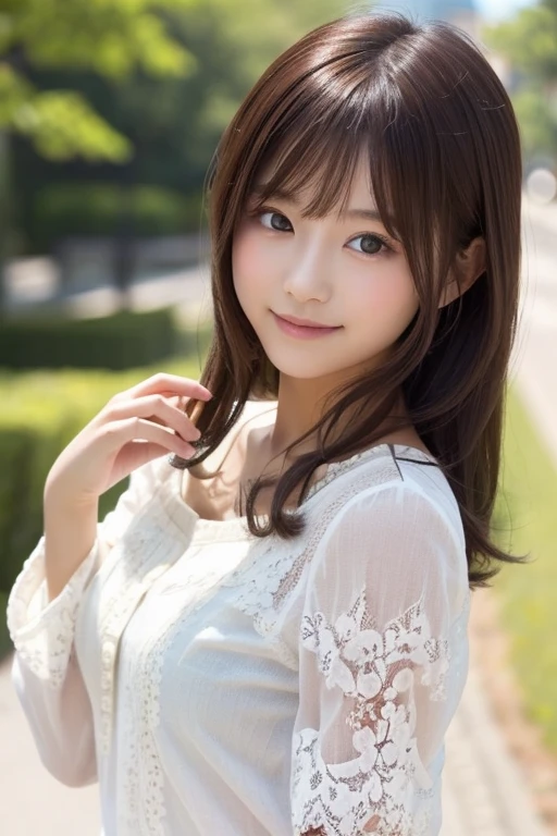 (masterpiece, top quality, raw photo, ), sunrise street corner, movie scene, beautiful girl, (innocent), (delicate eyes, thin eyebrows, light eyebrows, fair complexion, cute smile), (16 years old), white dress, (short sleeves, lace), with bangs, short bob, light makeup, (cute face, glossy cheeks, ), slim body, prayer