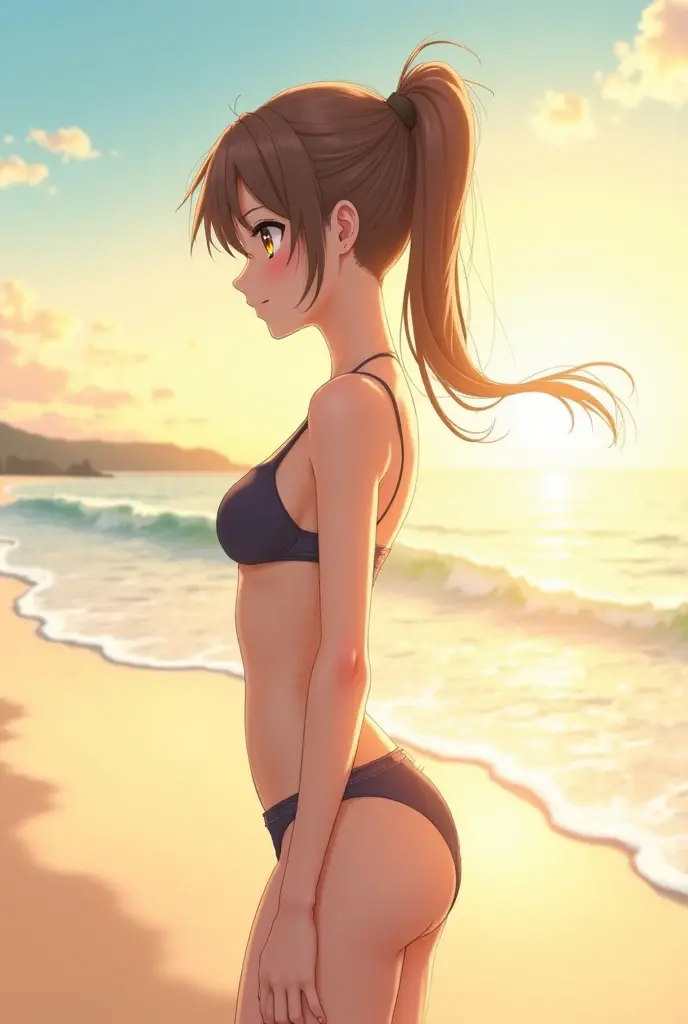 Highest Resolution,Highest quality,Back view of a girl sitting on the beach and watching the sunset,Right behind,