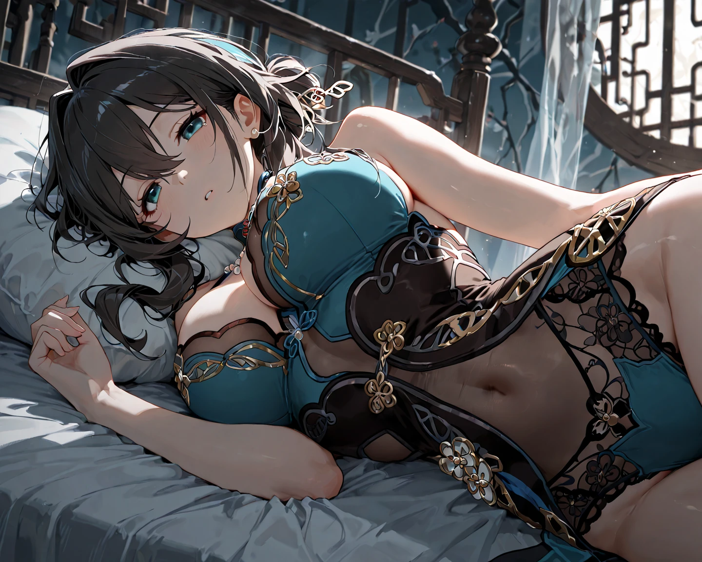 ( Absurd, High quality, ultra-detailed, masterpiece, concept art, smooth, highly detailed artwork, hyper-realistic painting ) , tiny , cute, whole body, Romantic, Vivid, dreamy, fantasy, in the palace, enchanting glow, very detailed art, reveal clothes, sexy lace underwear, transrarrent clothnes, perky niples, ((pregnat)), playful, mischievous, smile, in bedroom