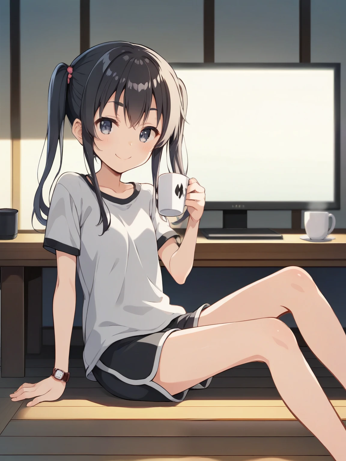 score_9, score_8_up, score_7_up, score_6_up, score_5_up, score_4_up, anime,nsfw, uncensored,anime girl,correct anatomy,young ,Petite,Baby Face, shape,skinny,( thin hands and feet:1.2),Bare feet, Super Detailed Skin, beautifully detailed eyes, anime style, 1 girl, gray dolphin shorts, casual indoor scene, relaxed posture, Rest posture , watch viewers play with animals, night scene outside the window。,
Postcardにはっきりと表示されています,
Postcardは、片手でPostcardを持っている視聴者,
Postcard,
natural posture, smile gently,
card has rounded、small eyes、corners
loose dark ash grey long hair, tied, long side locks, fine eyebrows, subtle room details, Natural eyebrows, soft smile, small nose, gentle eyes, slightly sagging , dark shadows, cat hair on clothes, Model, Small and slim body, relaxed posture, Flat chest, small breasts, Petiteなフレーム,
wearing a gray t-shirt is clearly displayed on the, viewers holding a postcard with one hand, bare feet,
lying in bed , slightly disheveled hair,
large, wood floor , soft lighting,
facing ( cushion, Rugs, small table, coffee mug, monitor, neat eyebrows),
cozy atmosphere