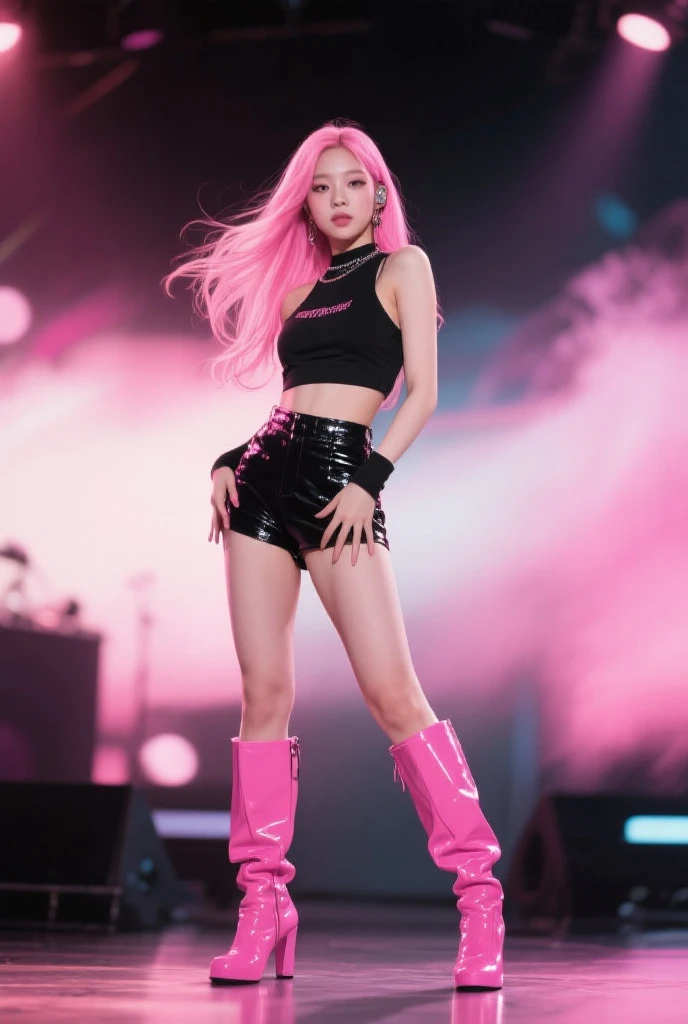Perfect girl body、Big Body Set((1girl:15 years old(K-pop Idol))(heart)((You're on stage(Live))Angle from below:Low angle、badge、name tag、Pink ribbon、Sweating、thigh、(Pubic hair is transparent)、Camel toe、Open skirt、garter