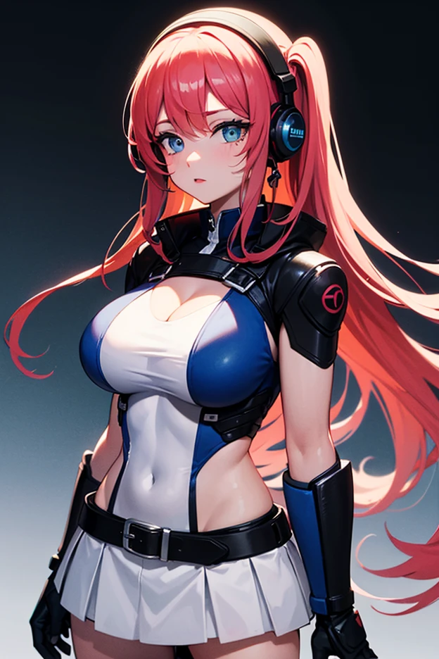 mujer mitad cyborg pelirroja en bikini con audifonos