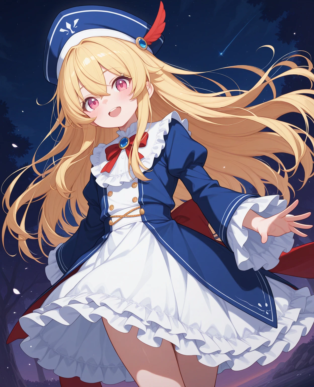 A princess,blond,Red and blue heterochromatic pupils,Flat breasts,Long hair with bangs,Black and white magic school,White robe,White visor hat,Red rose headdress,Knickers,Mid-length boots