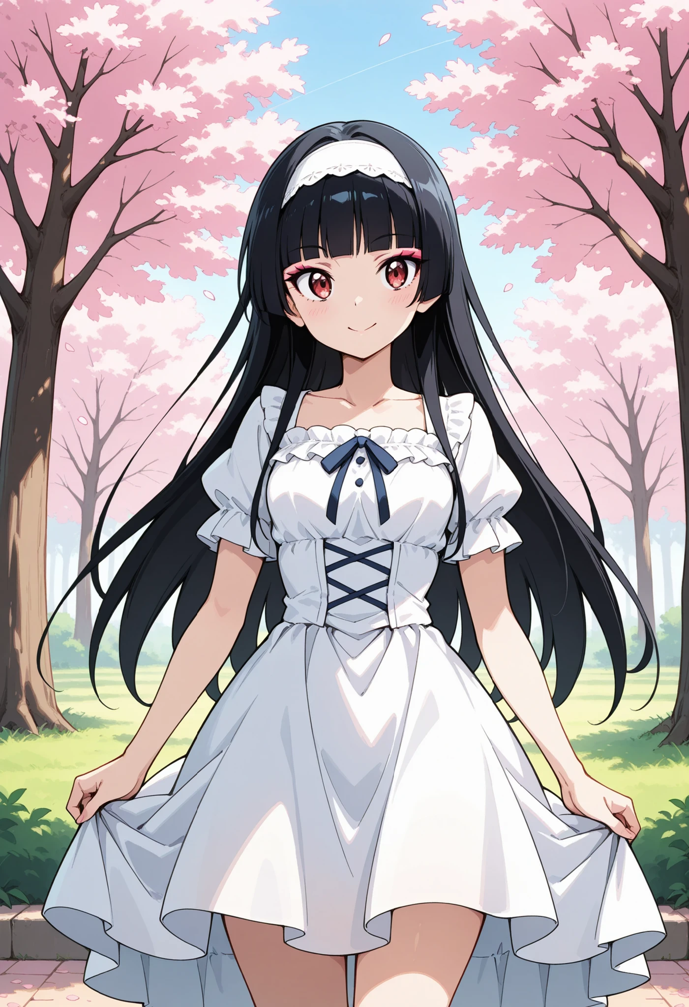 Highest Quality, details, high resolution, 8k, 超high resolution, shot from the front、(anime illustration style:1.2),Standing、1 girl on break day, solo、Rory Mercury、(perfect eye side by side),long hair, black hair, Red Eyes, bungs, blunt bungs, princess cut,makeup、 Slim waist, wide hips, dress (白色dress:1.2), (white gothic ta clothes)、white headband、smile, cowboy short、cherry blossoms並木、cherry blossoms