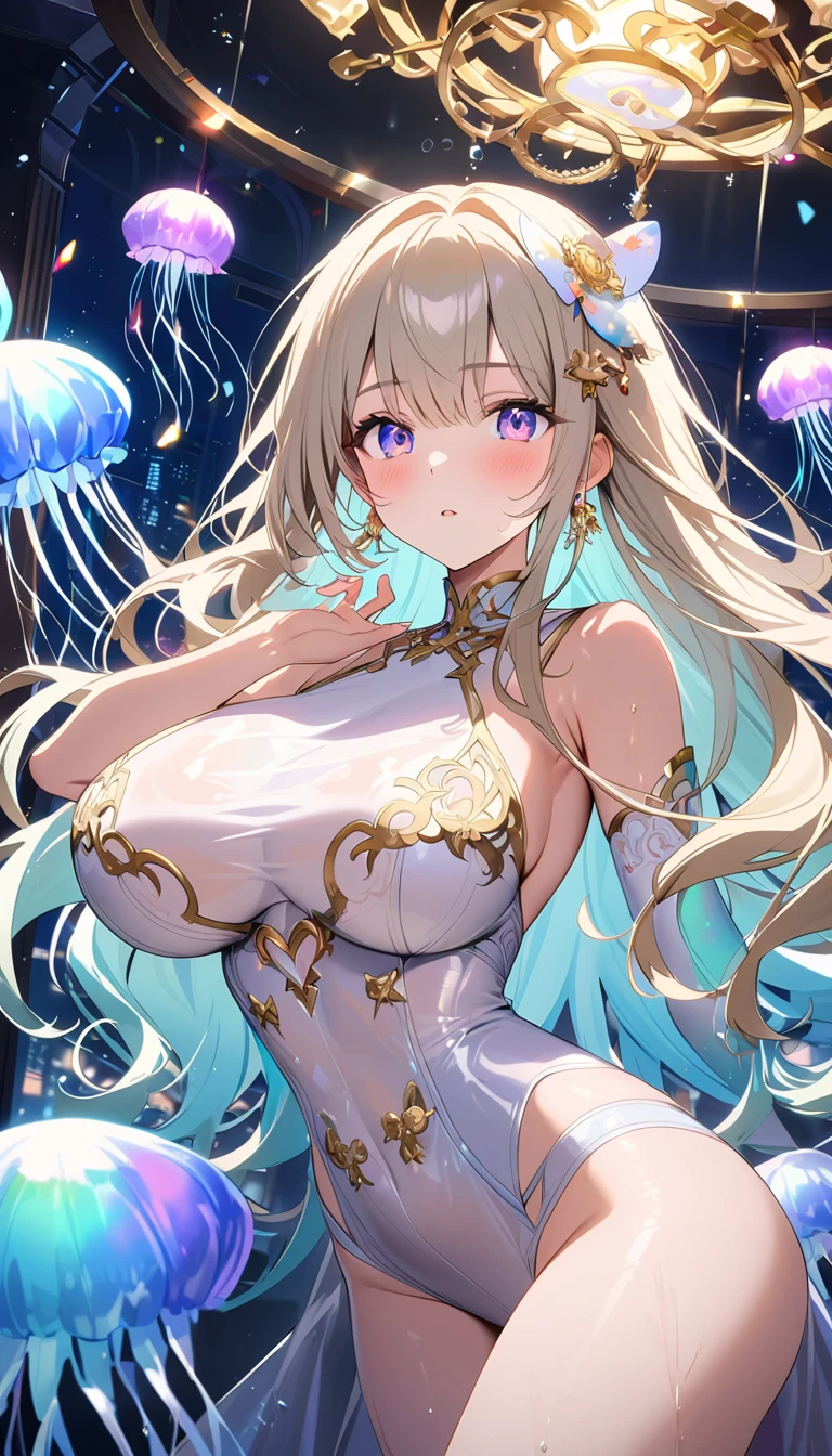 (scifi, horor)"(best quality,4K,highres),
A lovely woman (25, athletic, busty, golden ratio figure, random race, brightly colored hair, dressed appropriate to the scene),awakened rudely [on the beach] (panic and struggle),
A UFO hovers nearby, an neon gelatinous Eldritch tentacle (very large, octopus like, many large tentacles) alien has the woman,
enthusiastically exploring and drawing the woman towards the UFO [otherworldly lights] (damsel abduction),
night time beach,
(ocean) waves crashing loudly, gentle breeze,
reflections on wet sand,
(strong contrast) between darkness and UFO lights,
(long exposure) streaks of light in the night sky,
(moody) atmosphere,
(vibrant colors) with a touch of (cool tones),
(dramatic) shadows and highlights,
(wild, untamed) nature surrounding the beach,
(surreal) and (dreamlike) landscape."Backlight.Glamorous Body,(((Airborne particles、Glowing particles))),Plump thighs、Stylish clothes、Stylish accessories、See-through、Dynamic Angle、(((Princess cut,Inner Color,))),(((Soap bubble,Refraction of Light)))