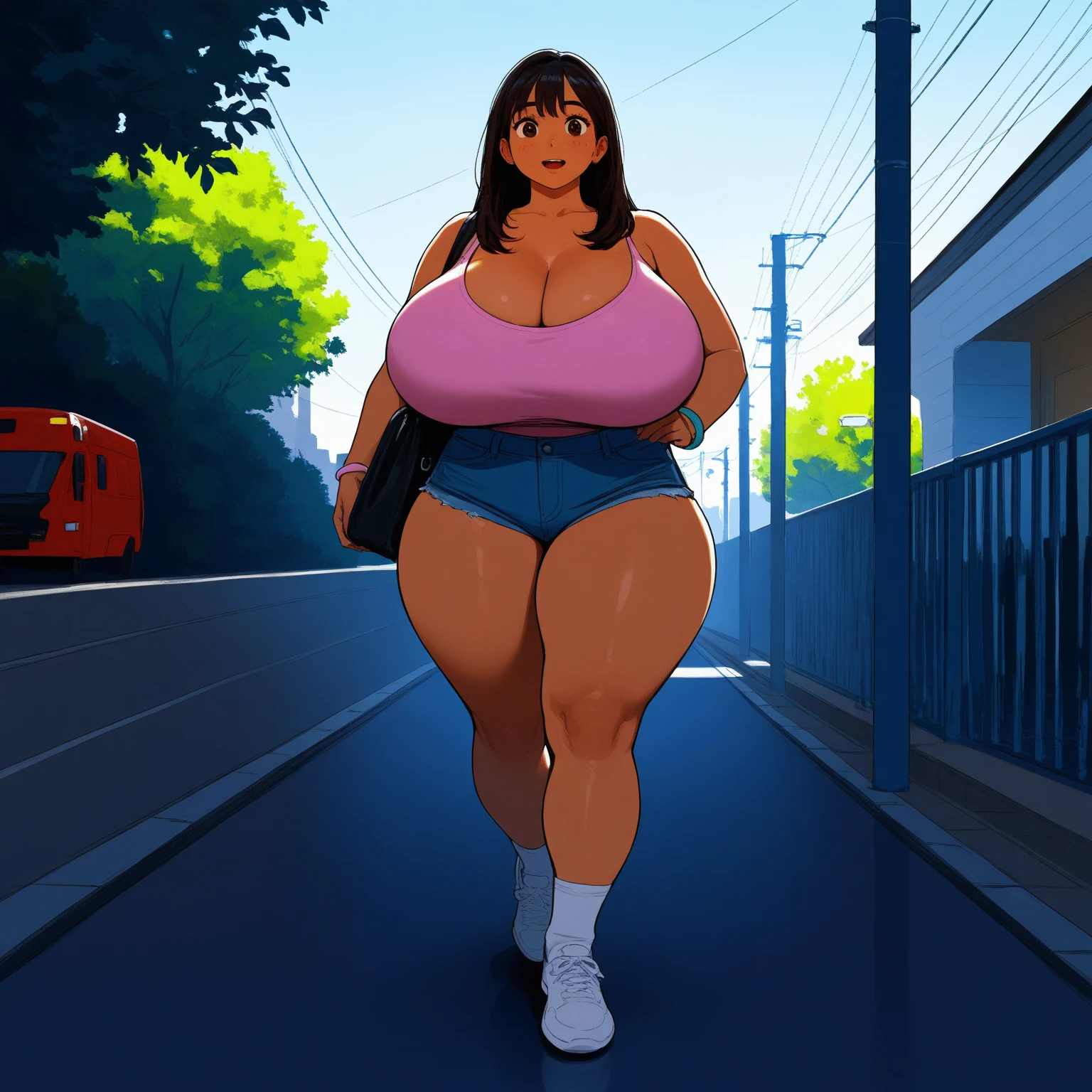 Caucasian woman, blue eyes, blue-black hair, wavy hair, long hair, athletic body, full body, blue lycra shorts, white top, (((nipples marked))), blue sports shoes, walks in the park, park with many people. Take from bottom to top.