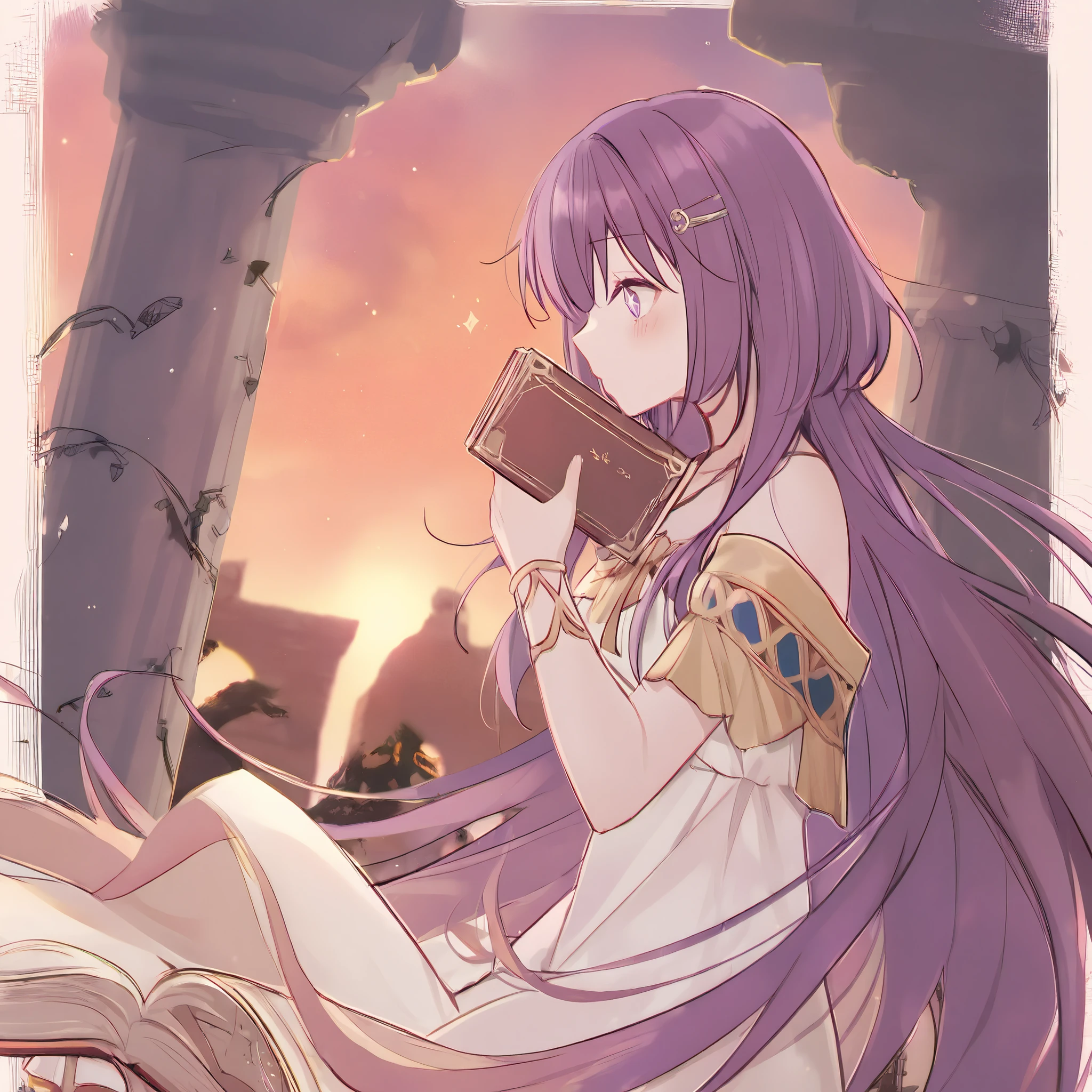 HIGH-resolution. Wallpaper of a cute girl up body,  and long purple hair with bangs. Hair bangs. Holding a book. Starry  eyes. slightly side view. wearing a white dress. Atens acropolis ruins background ate the sunset. 