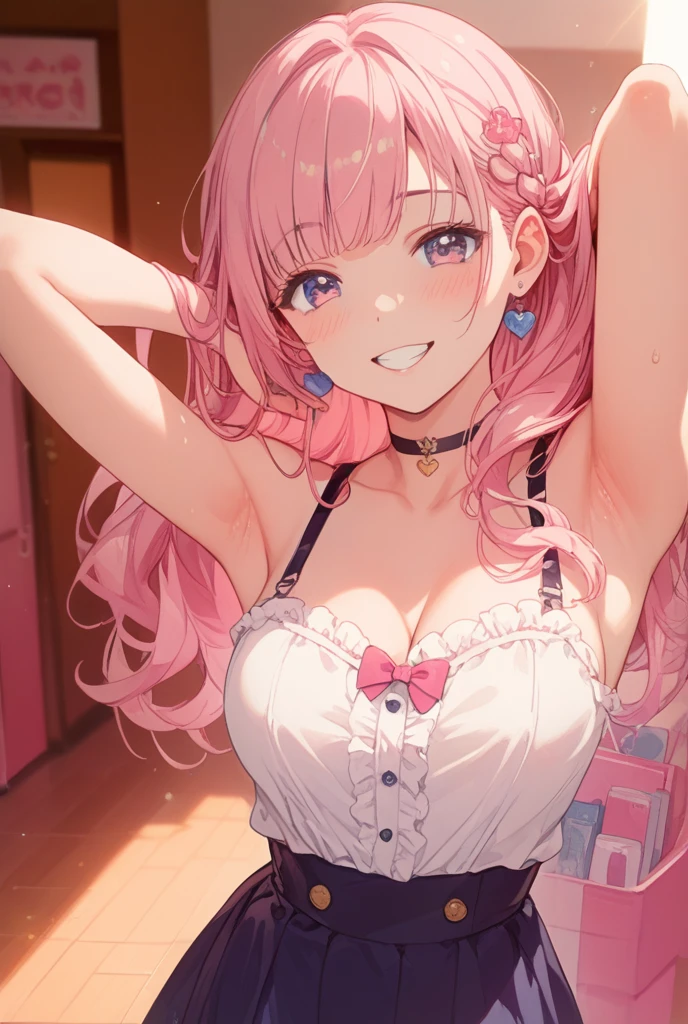 (masterpiece、highest quality、Super detailed)、((One girl))、((Pink Hair))、((Twin tails))、((Light blue eyes))、evil smile、((Grin))、Earrings、((Very large breasts))、((White frilly clothes))、((Off the shoulder))、belly button、((denim short shorts))、Cowboy Shot、City Background