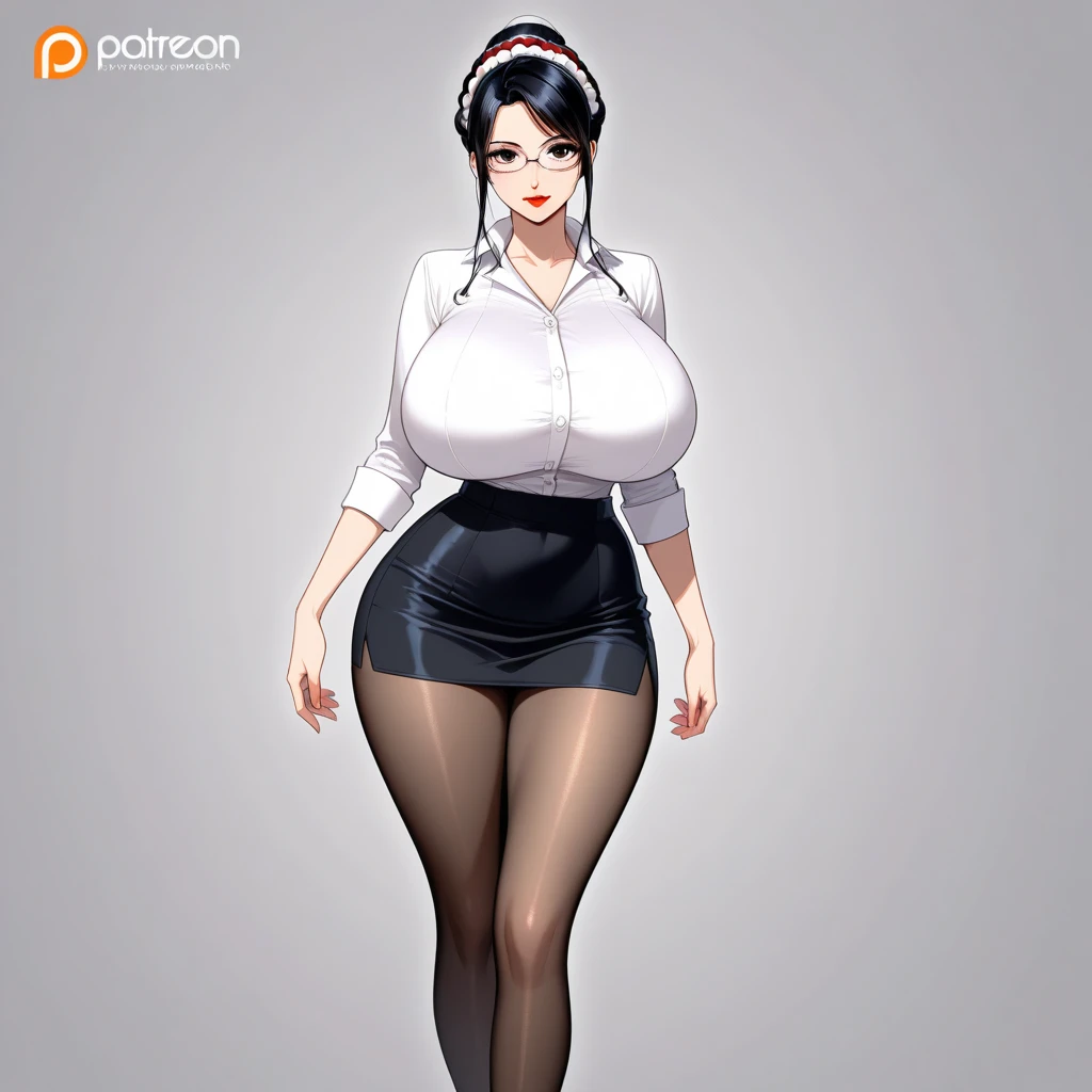 A tall, beautiful, sexy woman with a big chest, long black hair, braids her brown eye, thin black eyelashes, a pink lip, dresses in a white button-down shirt, ties a knot, shows her navel, a wide sexy curve, and her black corseted skirt, brown heels, red gloves. 