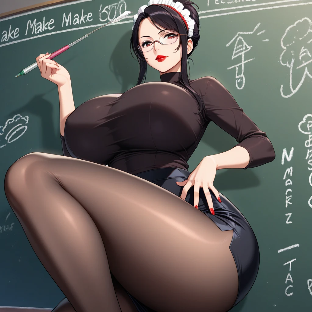 eleanor, black hair, black eyes,red lipstick, glasses, collared blue dress, short sleeves, looking serious, standing, from_behind, writing on chalkboard, high quality, masterpiece, <lora:eleanorbutterbean:.7>