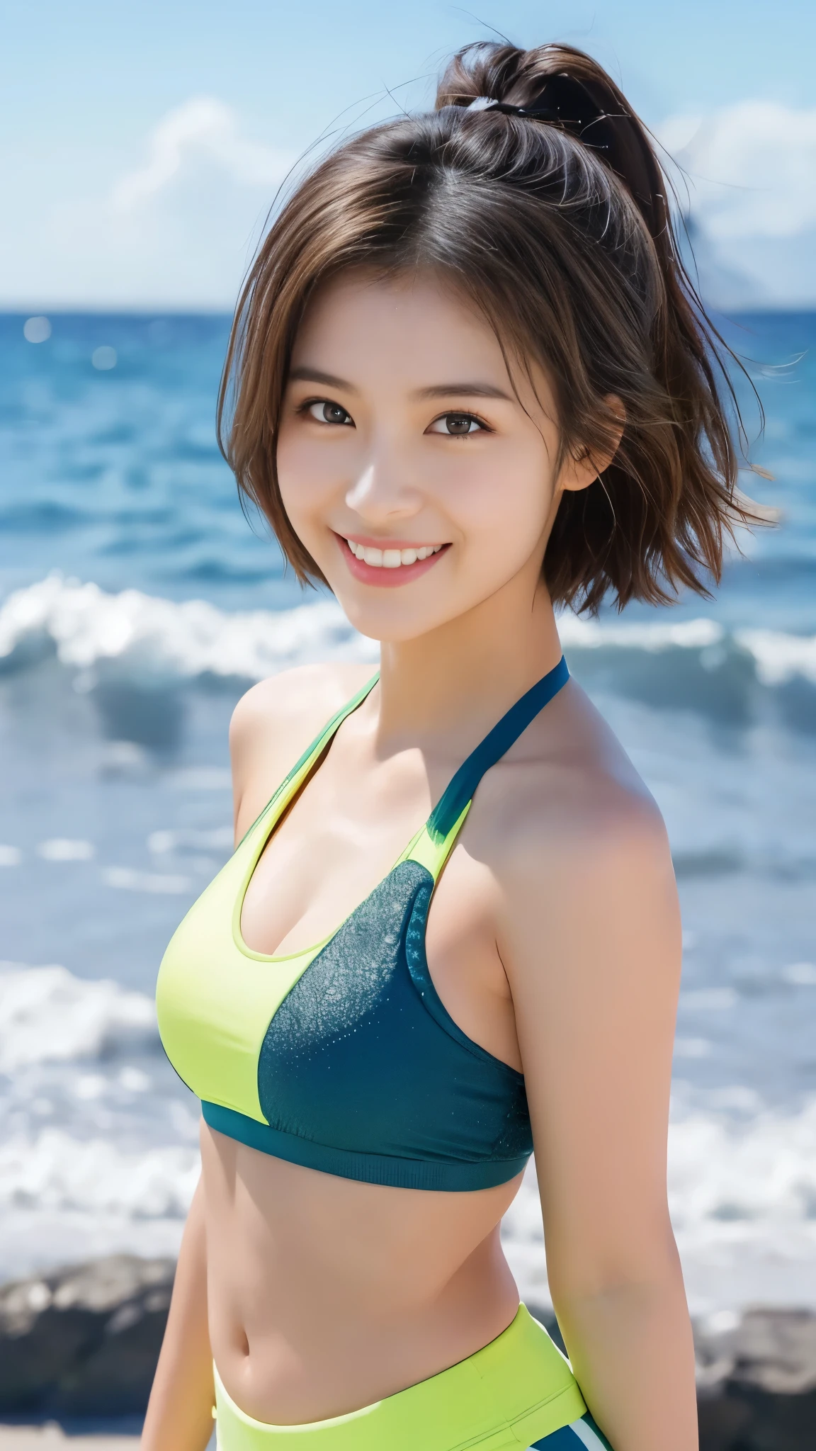 Highest Quality、(workout clothes on the scale)、1 girl on break day,(short hair),Highest Quality,masterpiece,,Very delicate and beautiful when closed,CG, 8k Wallpaper,wonderful,fine-grained,masterpiece,official art,Best O'Connor , 8k, Best O'Connor , ( Short-chested woman), dark brown skin openings , hair, ( medium hair ), Nice Smile Looking Me , vivid Luxurious Bikinis , beautiful ocean , 輝く bright海, Beautiful Hakata Beaches , Beautiful Sound of Waves , Beautiful Clear Sky , ( 超 bright 、 vivid な : 1 .1), ( shiny skins near mouth and vagina : 1. 1), ( portable , bright and beautiful skin: 1. 1), ( portable Beautiful Teeth, portable hair, portable Glowing Eyes, Natural Cosmetics , improved body line , ( Beautiful Skin That Glows So brightly: 1. 1), plump and healthy bodies, ( Perfect Anatomy in a Workout Gym : 1. bright, vivid : 1 .2), Sexy Poses That Show Your Whole Body , Photorealistic Front Faces , 美しい瞳を持つHighest Quality