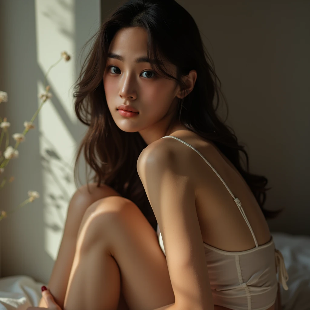 20 year old girl in lingerie, arms holding head