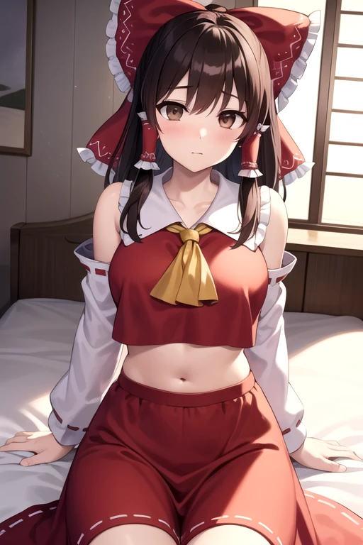 masterpiece,highest quality,High resolution,Very detailed,yes,Long Hair,Braiding,Twin tails,Hair between the eyes,Hair Ribbon,hair ornaments,slightly larger breasts,(Yellow off-the-shoulder pajamas with white sleeves:1.2),bed,Surprised expression,Pink Pants,No pants,Sweat,Wet,Red Eyes、Open your mouth a little、The face blushes