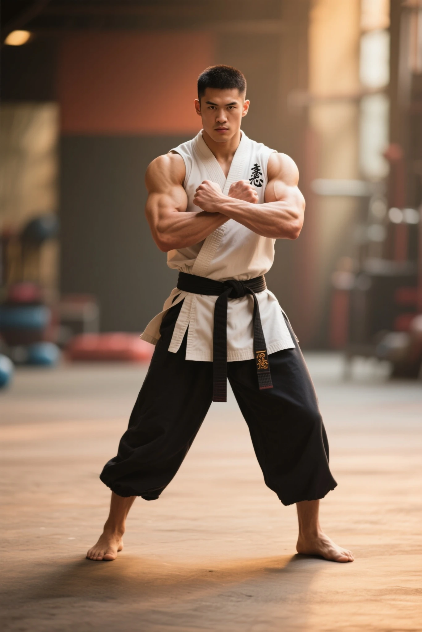 (absurdres, highres, ultra detailed, HDR), masterpiece, best quality,**Ultra-realistic photograph of a Japanese fighter inspired by Street Fighter's Ryu, mid-30s, broad-shouldered, thickly muscled physique with a thick chest plate. Intense, focused expression, determined dark brown eyes. Short, spiky black hair. Muscular jawline and slight stubble. Worn white karate uniform, which is flared out in front, revealing a little of his toned abdominal muscles. The sleeves of the karate uniform are torn and sleeveless, revealing strong arms. A red hachimaki is wrapped around his forehead, slightly frayed at the ends. The soles of his feet are bare. Weathered hand wraps are wrapped around his fists. Taken in a dynamic stance. Setting: outdoor training area with traditional Japanese elements such as stone lanterns and cherry blossoms. Early morning or late afternoon natural light. Ultra-high resolution images showing skin texture, sweat and fabric details. Style: sports photography, martial arts documentary; pure photorealism with no 3D renderings or video game aesthetics, emphasising the physical prowess and training of real fighters.