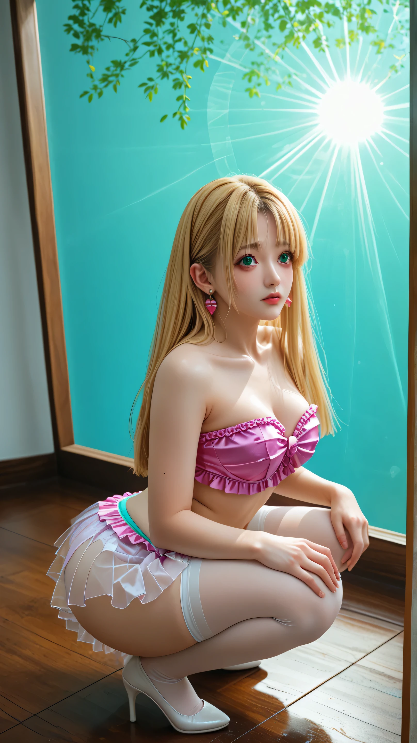On stage、(((standing on all fours)))、(((Vulgarity)))、(((Petite))), (((Little))), (((Flat))), ((skinny)), ((small ass)), (slim thigh), (((Open your mouth wide and stick out your tongue)))、(((Light pink Arabic dancer costume)))、(Belly dance)、(((Wear thin and light clothing)))、(((Large chest)))、spot light、One of the most beautiful 18-year-old Caucasian girls in the world、(((Glossy Super Beautiful Super Long Silky Straight Blonde)))、Super long bangs hanging in front of you、bright beautiful pale blue eyes、(((Small face beauty)))、Pure white beautiful skin、Oily shiny skin on the cheeks、bright expression、