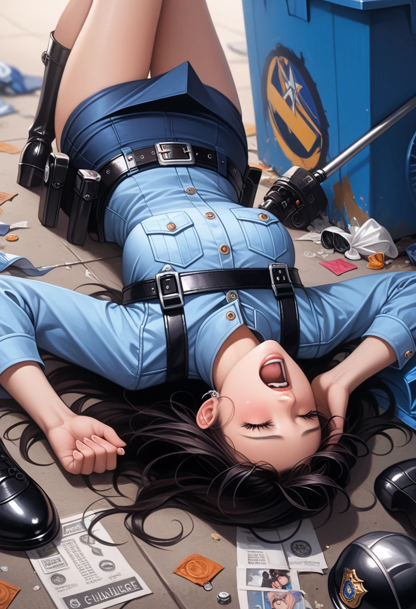 Meisterwerk, best quality, hyperralistisches 8K, ultra-detailliert,Beautiful Maiden,Hogtied, schwarzer Pullover, Blauer Jeansrock, big juicy butt, Viel Seil, The girl blushes and feels very ashamed, Arms tied behind the back, Beine gefesselt,Girl lies on her stomach, Girl lies gagged on the floor, Blick in die Kamera, Blick auf den Betrachter, Girl overwhelmed, Girl completely immobile, Girl sweats, Detaillierte Augen, Girl looks angry