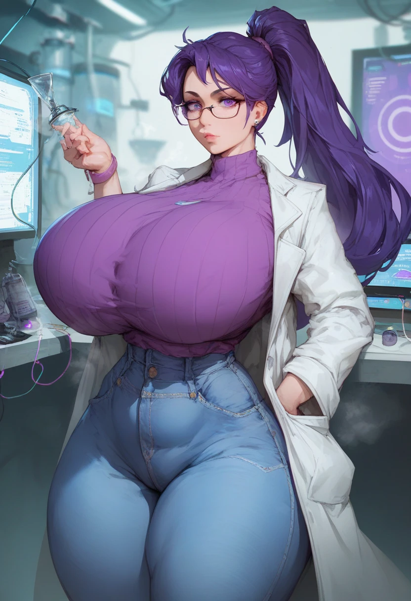 score_9, score_8_up, score_7_up, score_6_up, ,
curvy, plump, (wide hips), (thick thighs), gigantic breasts, skindentation, long lashes, gorgeous woman, ultra detailed, long purple hair, purple eyes, purple purple, with glasses, jeans, highleg, turtleneck, (black lab coat), with futuristic tech around, curious expression, inquisitive face, holding a steaming flask, laboratory background, various computer screen in the background, perplexed, confused, ?, voluptuous