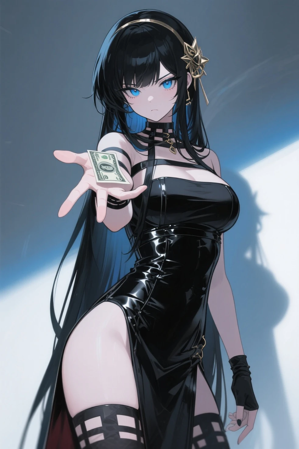 6+boys, black hair, blood, blue leotard, breasts, closed mouth, demon girl, domino mask, elbow gloves, fake animal ears, floating hair, jacket, large breasts, lipstick, looking at viewer, male focus, money, multiple girls, parody, pie, scar, solo, superhero, teeth, torn clothes, underboob, weapon