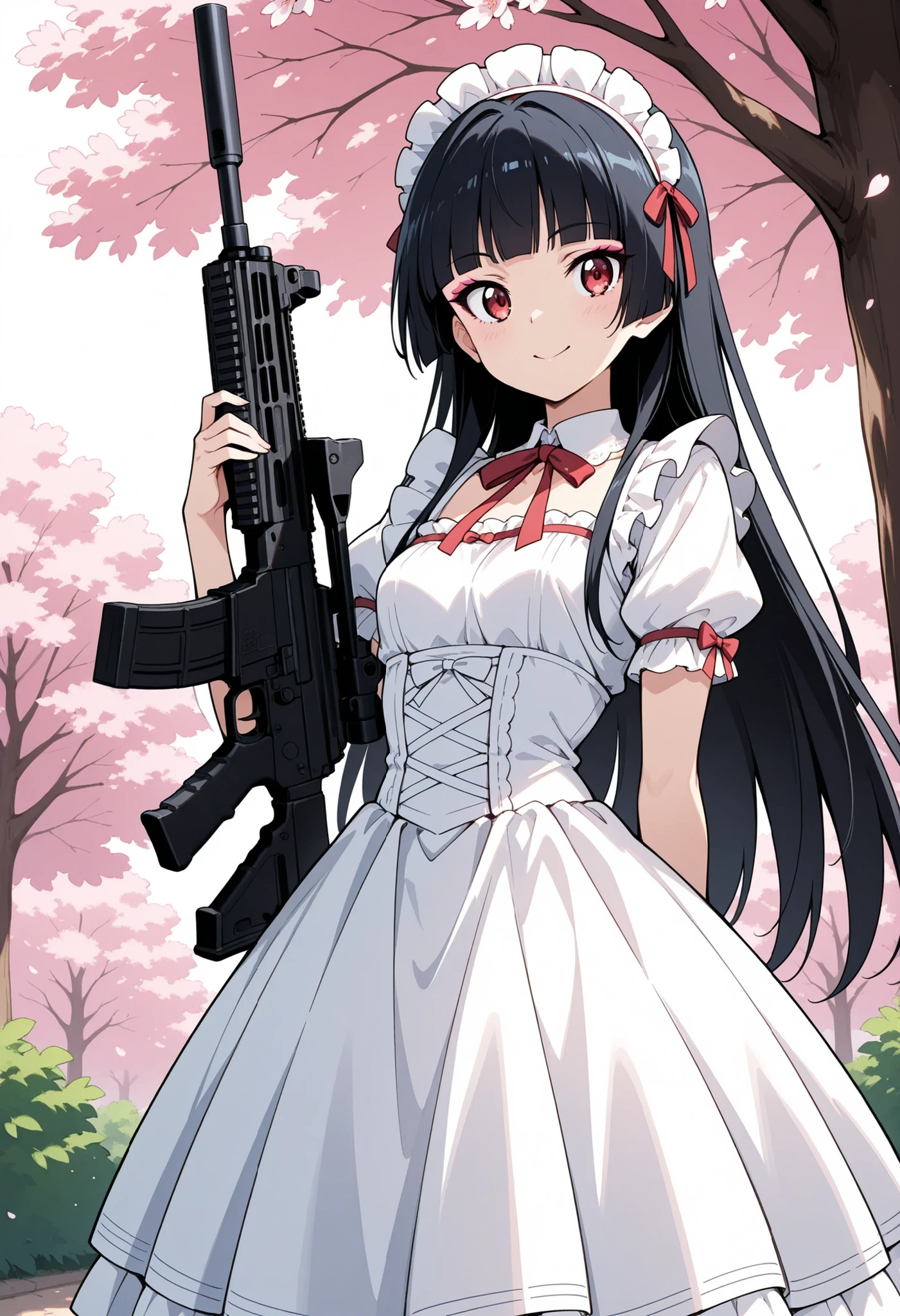 Highest Quality, details, high resolution, 8k, 超high resolution, shot from the front、(anime illustration style:1.2),Standing、1 girl on break day, solo、Rory Mercury、(perfect eye side by side),long hair, black hair, Red Eyes, bungs, blunt bungs, princess cut,makeup、 (Has a black assault rifle:1.2)、 Slim waist, wide hips, dress (白色dress:1.2), (white gothic ta clothes)、smile, cowboy short、cherry blossoms並木、cherry blossoms
