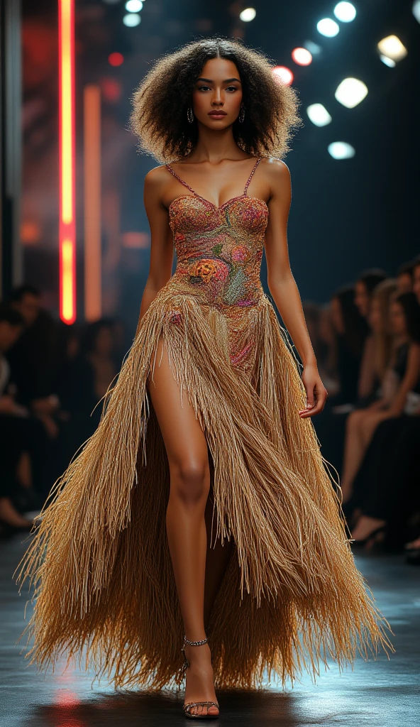 Create a black model on a runway show with a macramé outfit with long beige and gold fringes.