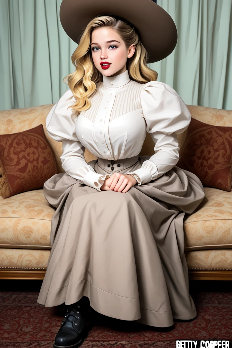 A colored pencil sketch of a beautiful woman with large graceful breasts, full body, a light brown ruffled blouse, large breasts, high rise skinny jeans, curves, slim waist, wide hips, swinging hips... An opulent historically accurate Victorian dress. A mix of Sabrina Carpenter. She is seductively sitting under a live oak tree, her full body is appreciated.
