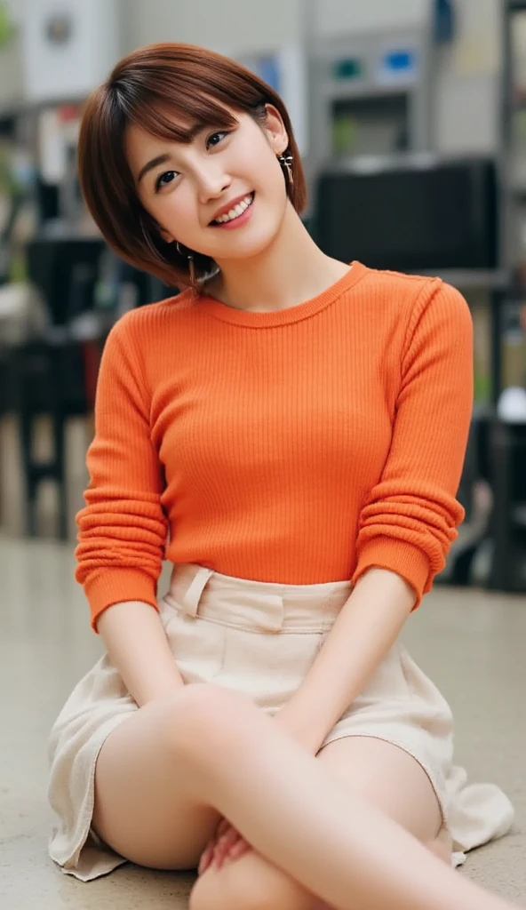 Tabletop, Highest quality, Super detailed, alone, cute, Face and big , Happy, Blushed, View your viewers, Cowboy Shot, (From below:1.5), Spread your legs, Hair Bun, Brown Hair, Japanese, Orange Knitted Dress, In the city, cute, Lens flare, Leg spread:1.5
