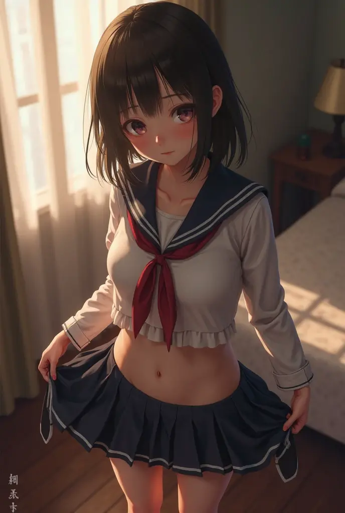 ((masterpiece,best quality)), highres, extremely detailed 8K wallpaper, depth_of_field, best shadow, (Colorful),(Delicate eyes and face), nice hand, Perfect hands, volumatic light, Ray tracing, BREAK
(1girl in), mogami \(kancolle\), black hair, short hair, black eyes / green eyes, swept bangs, small breasts, slender, skinny, open mouth, smile, blush, BREAK,
(wear white short length school uniform top:1.3), (sailor collar:1.5), (red tie:1.3), (Parted clothes at the top and bottom:1.2), (short sleeves:1.1), (white string panty:1.3), (bare navel), (under boob), (black lace stockings:1.2), High heels, BREAK,
Cowboy Shots, Looking at Viewer, stomach focus, bedroom, dildos on bed, Ultra detailed backgrounds,